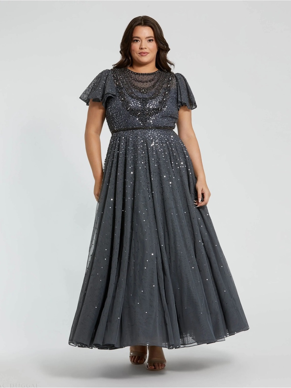 Mac Duggal 24025 Charcoal Gray Embellished Flutter Sleeve Evening Gown 18W